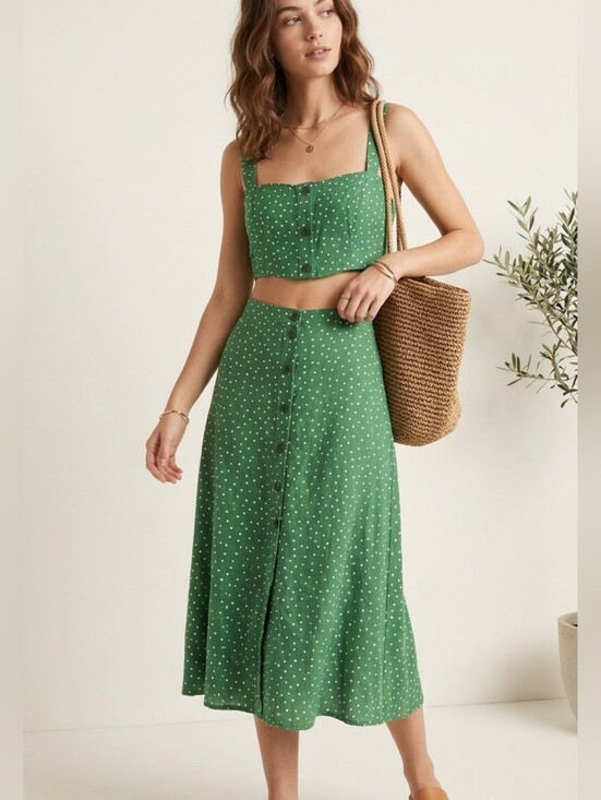 Reformation Dresses & Skirts - Reformation Set Green Polka-Dot Button-Front Midi Skirt And Top Size 0